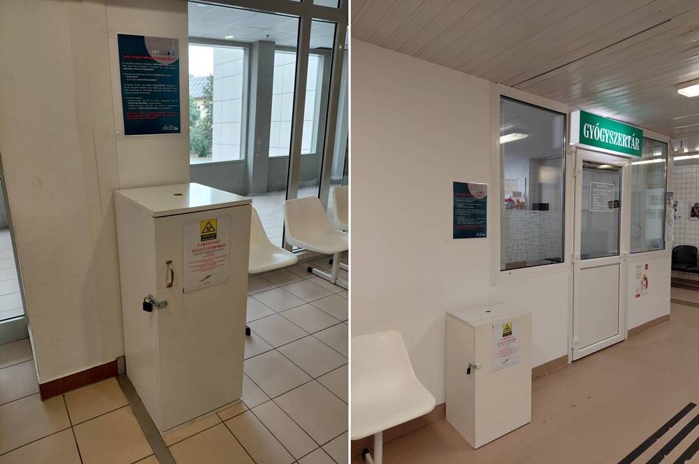 Lakossági tűgyűjtő dobozok két helyszínen a Bajai Szent Rókus Kórházban.