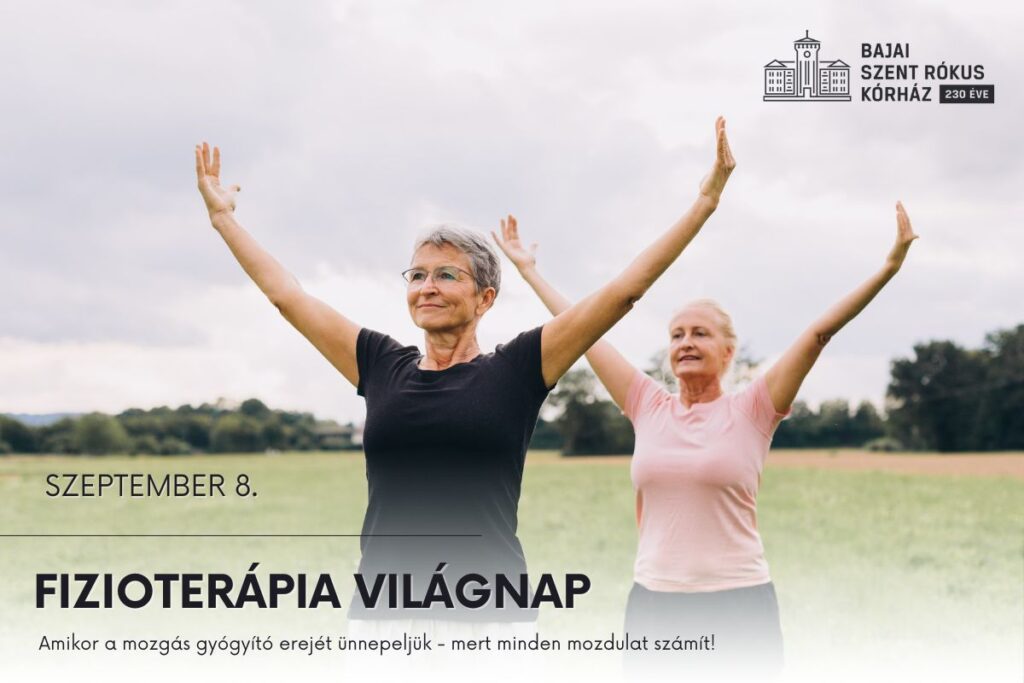 Fizioterápia Világnap. Két idősebb hölgy tornázik a képen.