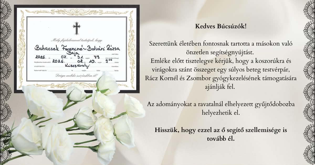 Bohacsek Ferenc Lászlóné temetésének partecédulája.
